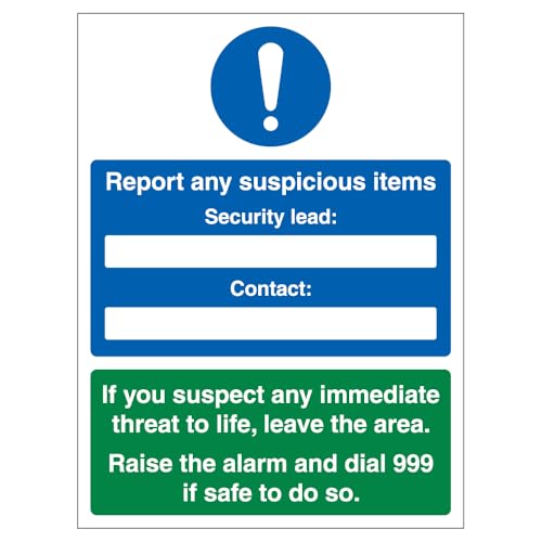 V Safety Report Any Suspicious Items, selbstklebendes Vinyl-Sicherheitsschild, 450 x 600 mm von VSafety