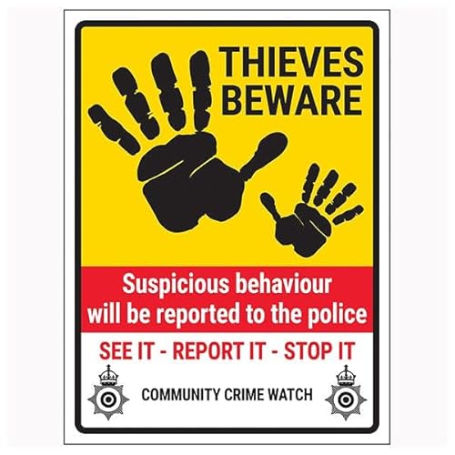 V Safety Thieves Beware/Suspicious Behaviour/See It-Report It-Stop It/Community Crime Watch 200 x 300 mm – selbstklebendes Vinyl – Sicherheitsschild mit Aluminiumeffekt V Safety Thieves Beware/Suspicious Behaviour/See It-Report It-Stop It/Community Crime Watch 200 x 300 mm – selbstklebendes Vinyl – Sicherheitsschild mit Aluminiumeffekt von VSafety