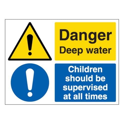 V Safety englisches Schild mit Aufschrift "Danger Deep Water Children Should Be Supervised At All Times", großer Querformat, 600 x 450 mm, selbstklebendes Vinyl-Sicherheitsschild von VSafety