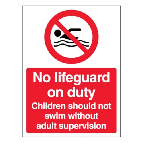 V Safety englisches Schild mit Aufschrift "No Lifeguard On Duty Children Should Not Swim Without Adult Supervision", Hochformat, 300 x 400 mm, selbstklebendes Vinyl-Sicherheitsschild von VSafety