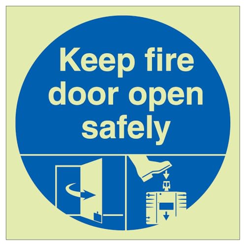 V Safety nachleuchtendes Vinyl-Sicherheitsschild "Keep Fire Door Open Safely", leuchtet im Dunkeln, 100 x 100 mm von VSafety