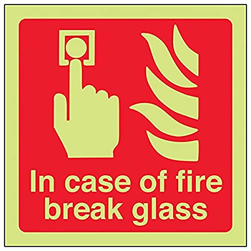 VSafety 13060AM-G Hinweisschild "In Case of Fire Break Glass", leuchtet im Dunkeln, 1 mm aus Kunststoff, quadratisch, 150 mm x 150 mm, rot von VSafety