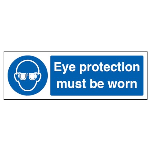 VSafety 41051AX-S Schild „Augenschutz muss getragen werden“ – Querformat – 298 x 101 mm – selbstklebendes Vinyl, blau von VSafety