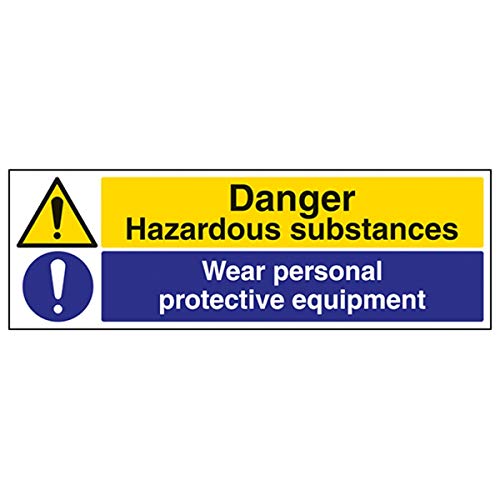 VSafety 6 a082AX-S "Gefahr, Gefahrenstoffe/Schutzbekleidung tragen" Achtung, Substanz und chemisches Zeichen, selbstklebendes Vinyl, Querformat, 300 mm x 100 mm, schwarz/blau/gelb. von VSafety