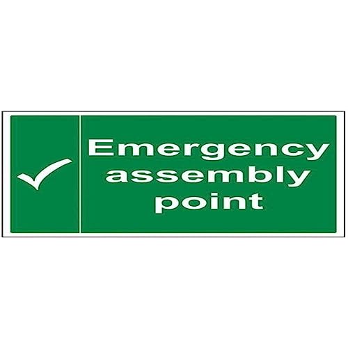 VSafety Schild „Emergency Assembly Point“, mit Häkchen, Querformat, 400 mm x 300 mm, selbstklebendes Vinyl, englische Version von VSafety