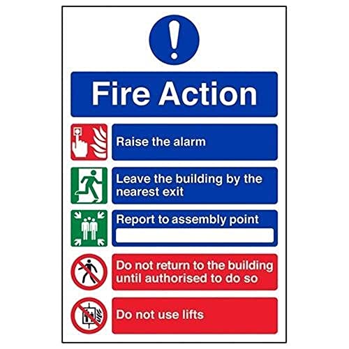 VSafety Schild mit Aufschrift „General Fire Action“ mit 5 Hinweisen (englische Version), Hochformat, 210 mm x 297 mm (A4), 1 mm Hartkunststoff von VSafety