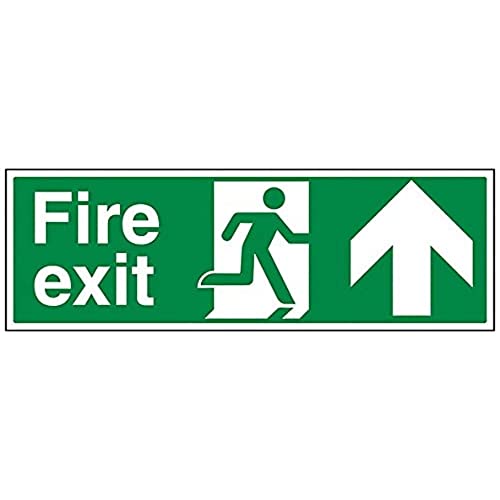 VSafety Schild mit Aufschrift auf Englisch „Fire Exit“ und einem Pfeil nach oben – Querformat – 600 mm x 200 mm – 1 mm dick, harter Kunststoff von VSafety