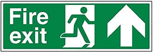 VSafety Schild mit Aufschrift auf Englisch „Fire Exit“ und einem Pfeil nach oben – Querformat – 600 mm x 200 mm – selbstklebendes Vinyl von VSafety