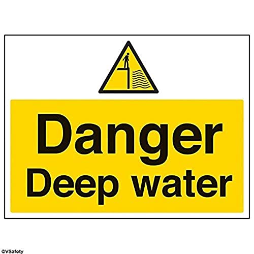 VSafety Schild mit englischer Aufschrift „Danger Deep Water“ – Querformat – 400 mm x 300 mm – selbstklebendes Vinyl von VSafety