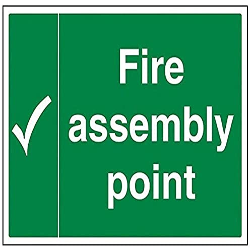 VSafety Schild mit englischer Aufschrift „Fire Assembly Point“ mit Häkchen, Querformat, selbstklebendes Vinyl, 1 mm starrer Kunsstoff, 400 x 300 mm von VSafety