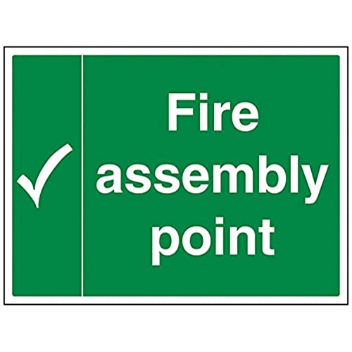 VSafety Schild mit englischer Aufschrift „Fire Assembly Point“ mit Häkchen, Querformat, selbstklebendes Vinyl, 400 x 300 mm von VSafety