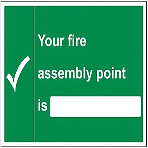 VSafety Schild mit englischer Aufschrift „Your fire assembly point is“, Querformat, 400 mm x 300 mm, selbstklebendes Vinyl von VSafety