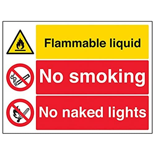 VSafety Signs englisches Warnschild „Flammable Liquid/No Smoking/No Naked Lights", Querformat, 400 x 300 mm, selbstklebendes Vinyl von VSafety