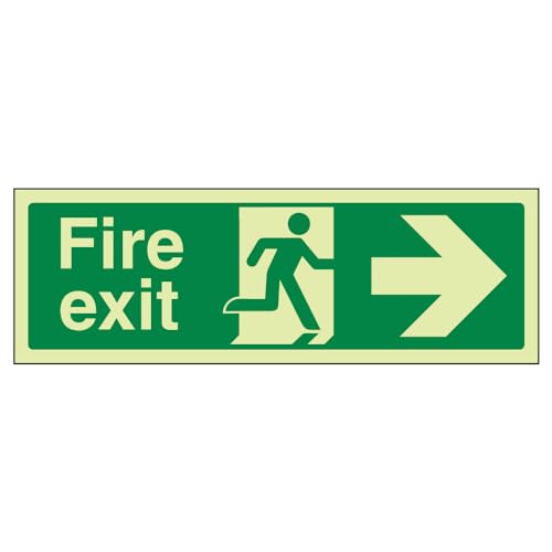 VSafety Warnschild „Fire Exit“, 300 x 100 mm, fester Kunststoff, leuchtet in der Dunkelheit, Pfeil rechts von VSafety