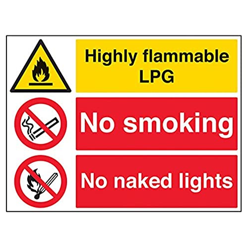 VSafety Warnschild „Hoch entzündlich/Rauchen verboten/Kein offenes Licht“ (Highly Flammable/No Smoking/No Naked Lights), Querformat, 600 x 450 mm, 1 mm dicker starrer Kunststoff von VSafety