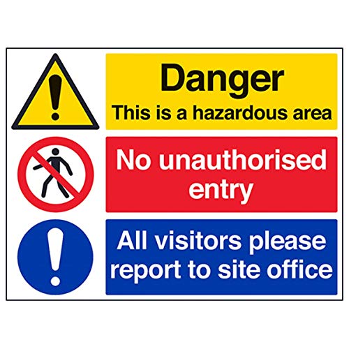 VSafety Warnschild in englischer Sprache "Hazardous Area/No Unauthorised Entry/Report To Site Office", Querformat, 400 mm x 300 mm, selbstklebendes Vinyl von VSafety