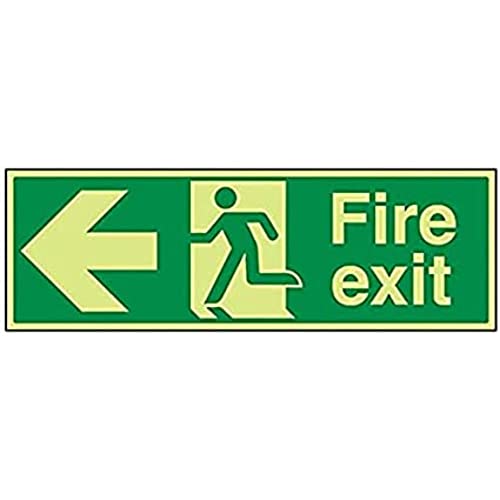 VSafety Warnschild mit englischer Aufschrift „Fire Exit“ und Pfeil nach links, leuchtet im Dunkeln, 600 mm x 200 mm, fester Kunststoff von VSafety