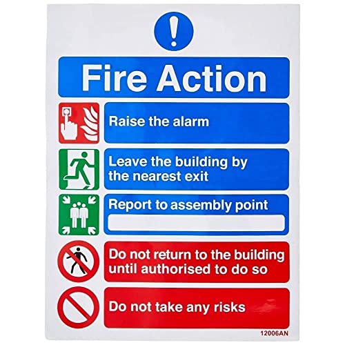 VSafety englisches Schild „Fire Action“, 5 Nachrichtenrisiken, Hochformat, 150 x 200 mm, selbstklebendes Vinyl von VSafety