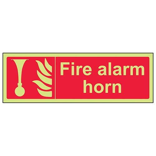 vsafety 13030bj-g "FIRE ALARM HORN" Equipment Zeichen, Glow in Dark, 1 mm Kunststoff, Landschaft, 450 mm x 150 mm, rot von VSafety