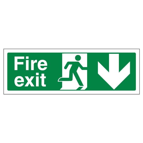 vsafety 14002bj-s "FIRE EXIT Arrow Down" Zeichen, selbstklebendes Vinyl, Landschaft, 450 mm x 150 mm, grün von VSafety