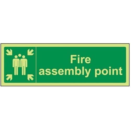 vsafety 17025bj-g "FIRE Assembly Point" Sign, Glow In Dark, 1 mm Kunststoff, Landschaft, 450 mm x 150 mm, grün von VSafety