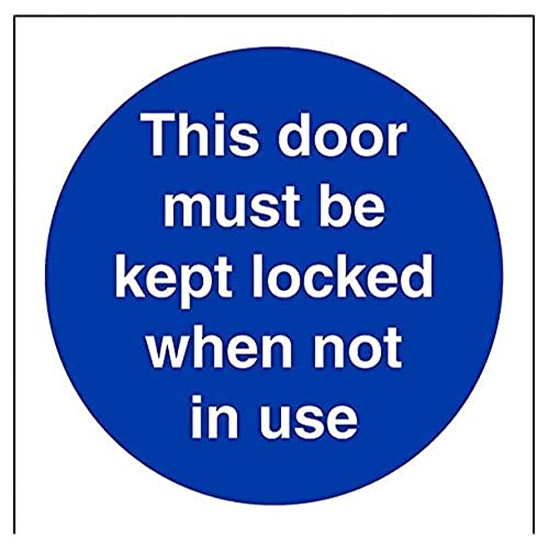 vsafety 18012 AF-S "Diese Tür müssen Gesperrt, wenn nicht in Verwendung" Pflicht Zeichen, selbstklebendes Vinyl, quadratisch, 100 mm x 100 mm, blau von VSafety