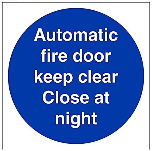 vsafety 18014 Fototapete am-s "Automatische Fire Door Keep Clear. Schließen bei Nacht" Pflicht Schilder, selbstklebendes Vinyl, quadratisch, 150 mm x 150 mm, blau von VSafety