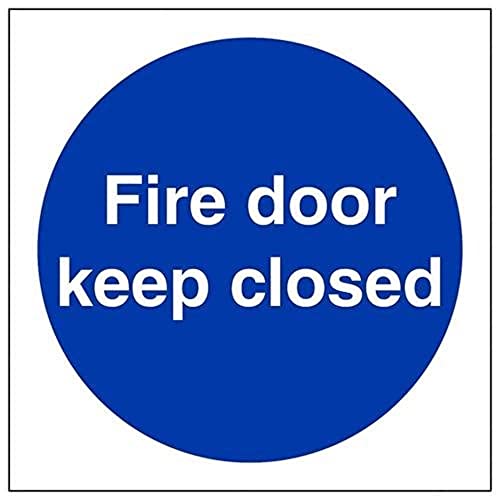 vsafety 18017 AF-S "FIRE DOOR KEEP geschlossen" Pflicht Schilder, selbstklebendes Vinyl, quadratisch, 100 mm x 100 mm, blau von VSafety