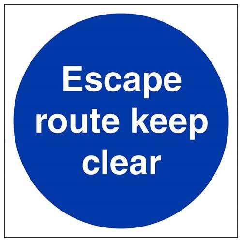 vsafety 18018 am-s "Escape Route Keep Clear" Pflicht Schilder, selbstklebendes Vinyl, quadratisch, 150 mm x 150 mm, blau von VSafety