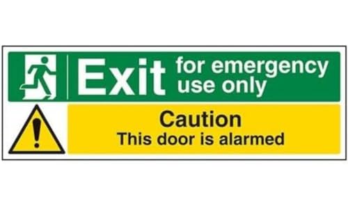 vsafety 21012bj-r Sicherer Zustand Exit Schild, EXIT für Notfall Verwendung nur/Tür beunruhigt, Landschaft, 1 mm starrer Kunststoff, 450 mm x 150 mm, schwarz, grün, gelb von VSafety