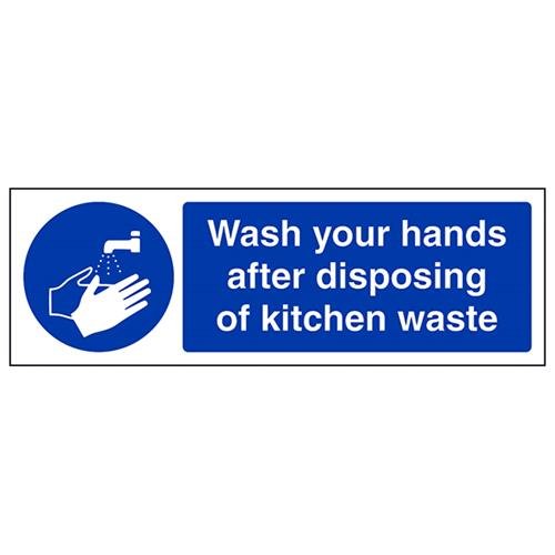 vsafety 44050 ax-s Pflicht Catering Schild, selbstklebend, Hände waschen nach Entsorgung der Küchenabfälle," Landschaft, 300 mm x 100 mm, blau von VSafety