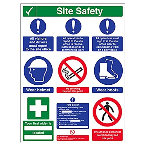 vsafety 6 C014bl-r "Multi Hazard Website Sicherheitshinweis/9 Punkte" Achtung Building Sign, starrer Kunststoff, Porträt, 450 mm x 600 mm, schwarz/blau/grün/rot von VSafety