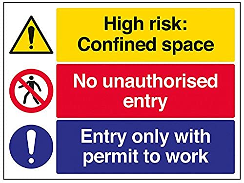 vsafety 6 C025bf-s "engem Raum/keine unbefugtem Entry/Arbeitserlaubnis" Achtung Baustelle Schild, selbstklebendes Vinyl, Landschaft, 400 mm x 300 mm, schwarz/blau/rot/gelb von VSafety