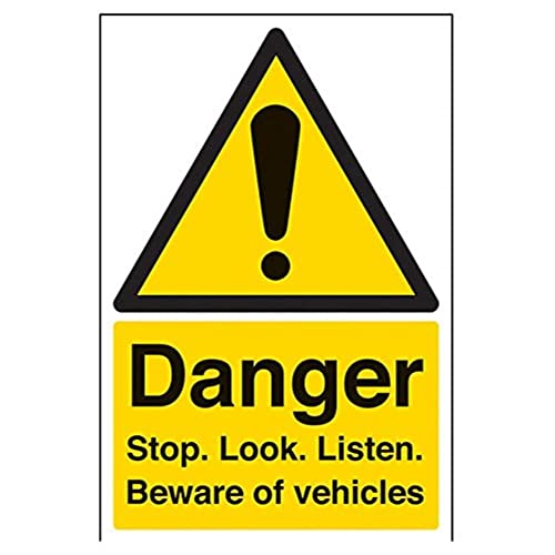 vsafety 64004 au-s Gefahr Stop Look Listen/Beware of Fahrzeuge Warnung Fahrzeug Schild, selbstklebend, Portrait, 200 mm x 300 mm, schwarz/gelb von VSafety