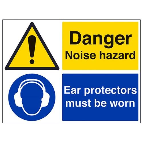 vsafety 65054br-r "Gefahr Noise Hazard/Gehörschutz zu tragen," Achtung Maschinen-Zeichen, starrer Kunststoff, Landschaft, 600 mm x 450 mm, schwarz/blau/gelb von VSafety
