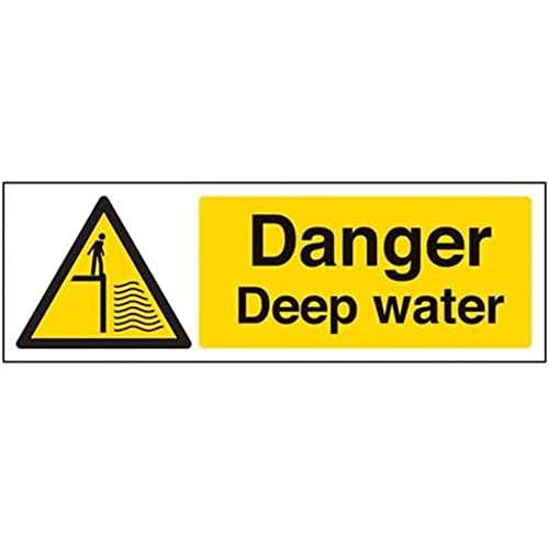 vsafety 66011 ax-r "Danger Deep Water" Achtung Wasser Schild, starrer Kunststoff, Landschaft, 300 mm x 100 mm, schwarz/gelb von VSafety