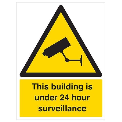 vsafety 6e011bc-s "Dieses Gebäude unter 24 Stunden" Achtung Sicherheit Überwachung Schild, selbstklebendes Vinyl, Porträt, 300 mm x 400 mm, schwarz/gelb von VSafety