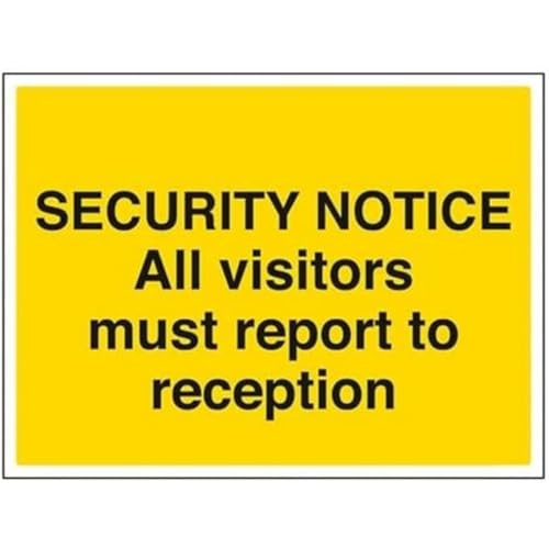 vsafety 6e020bf-s "All Visitors Must Bericht zu Empfang" Warnung Sicherheit Zeichen, selbstklebendes Vinyl, Landschaft, 400 mm x 300 mm, schwarz/gelb von VSafety