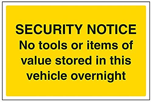 vsafety 6e047ba-s "Keine Werkzeuge oder Gegenstände von Wert, die in das Fahrzeug über Nacht" Warnung Sicherheit Zeichen, selbstklebendes Vinyl, Landschaft, 300 mm x 200 mm x 200 mm, schwarz von VSafety