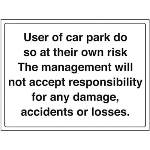 vsafety 74028bf-s Allgemeine Parking Sign, Parkplatz Benutzung auf eigene Gefahr/keine Verantwortung übernommen, selbstklebend, Landschaft, 400 mm x 300 mm, schwarz von VSafety
