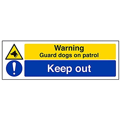 vsafety Schilder 67140 Badetuch ax-s "Warning Guard dogs On Patrol/Warnung" Keep Out Building Schild, selbstklebend, Landschaft, 300 mm x 100 mm, schwarz/blau/gelb von VSafety
