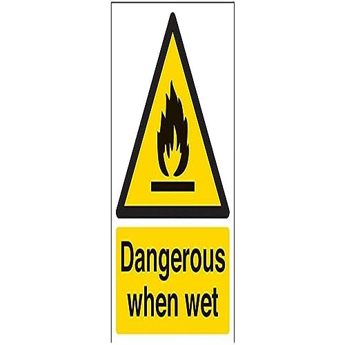 vsafety Schilder 69014 an-s "Gefährliche, wenn Wet" Achtung Fire und schwer entflammbar Schild, selbstklebend, Hochformat, 150 mm x 200 mm x 200 mm, schwarz/gelb von VSafety