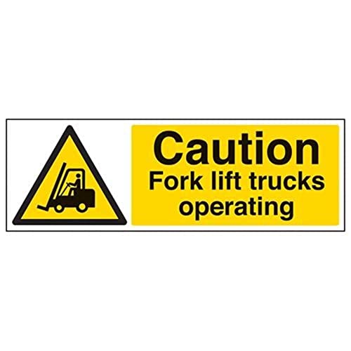 vsafety Warnschild "Caution Fork Lift Trucks, Betriebs-," 2 mm starrer Kunststoff, 450 mm x 150 mm von VSafety