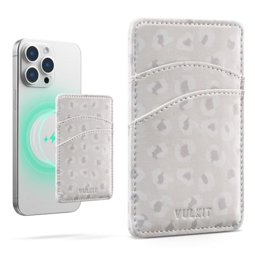 VULKIT Magnetischer Handy-Kartenhalter, schlankes Leder, Damen, RFID-blockierend, Kreditkartenhüllen, Handy-Kartenhülle für die Rückseite des Smartphones (Leopard) von VULKIT