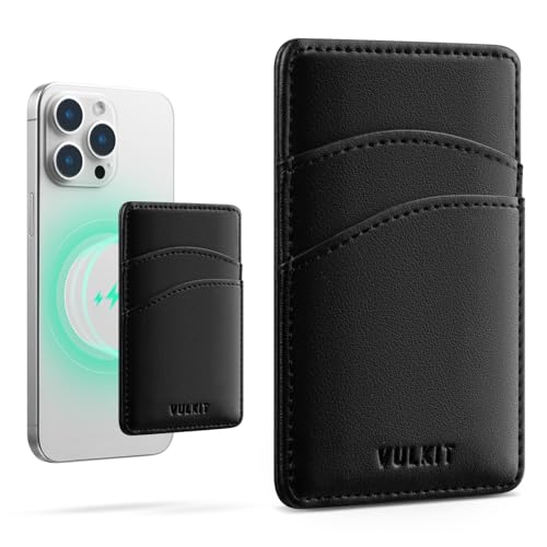 VULKIT Magnetischer Kartenhalter für Handy, dünn, aus Leder, für Damen, Kreditkartenetui mit RFID-Blockierung, Magsafe, Schwarz, Klassisch von VULKIT