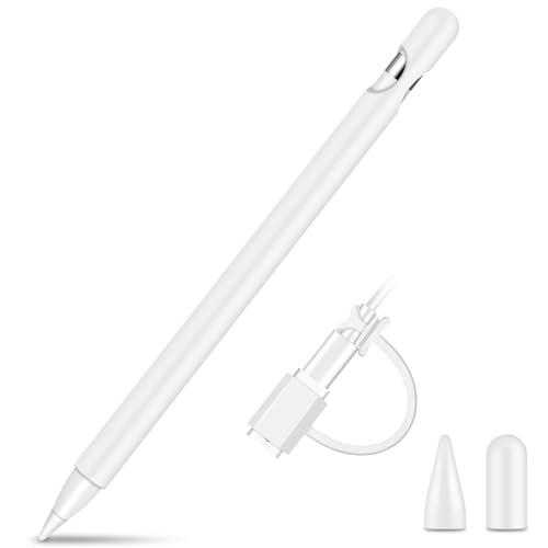 VUNAKE Silikon Hülle Kompatibel mit Apple Pencil (1. Generation) Ultra leichte Stifttasche weiche schützende Griffhalterung mit 1 Spitzenabdeckung und 1 Cable Adapter Tether und 1 Kappenhalter Weiß von VUNAKE
