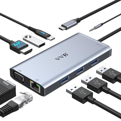 USB C Hub HDMI, 9-in-1 USB C Multiport Adapter, USB C Docking Station mit 4K HDMI, VGA, Ethernet, 3 USB 3.0, 100W PD und 3.5mm Audio/Mic, USB C Adapter für MacBook Pro/Air, Dell, HP, Surface, Lenovo von VVB