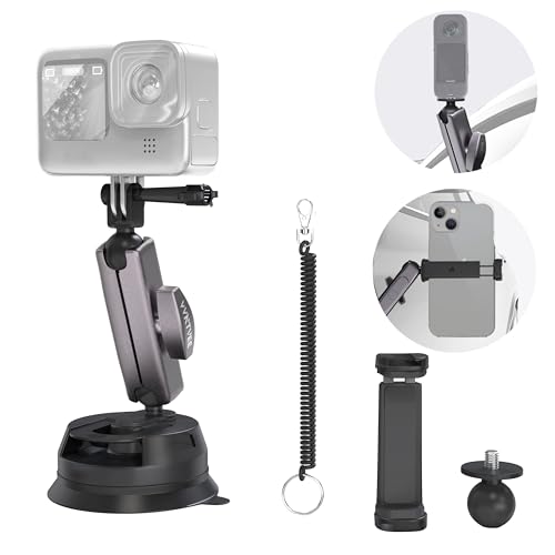 VVNTVEE Car Camera Mount with Phone Holder,Metal Suction Cup Mount for Phone/Action Camera Hero 13 12 Pocket 3 Action 5Pro Action 4 3 X4 X3 with 360° Ball-Head Design and Protective Rope von VVNTVEE
