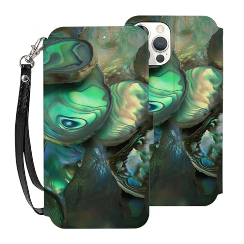 VVTDESA Abalone Schutzhülle für iPhone 12 Mini (13,7 cm (5,4 Zoll), mit Kartenhalter, PU-Leder, Kartenfächer, Flip-Handyhülle mit Handschlaufe von VVTDESA