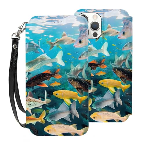 VVTDESA Bunte Fische, bedruckte Brieftaschen-Schutzhülle für iPhone 12 Mini, 13,7 cm (5,4 Zoll), mit Kartenhalter, PU-Leder, Kartenfächer, Klapphülle mit Handschlaufe von VVTDESA